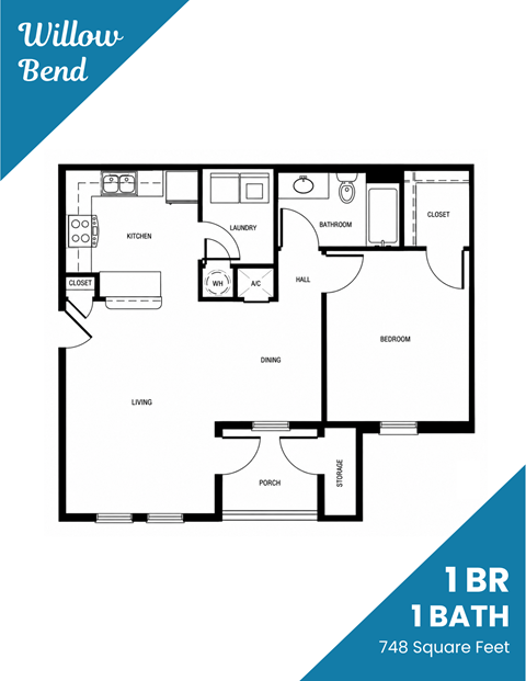Floor plan for 1 bed, 1 bath, 748 sqft